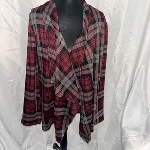 BB Dakota Burgundy and Gray Plaid Cardigan Open Drape Collar Sz L